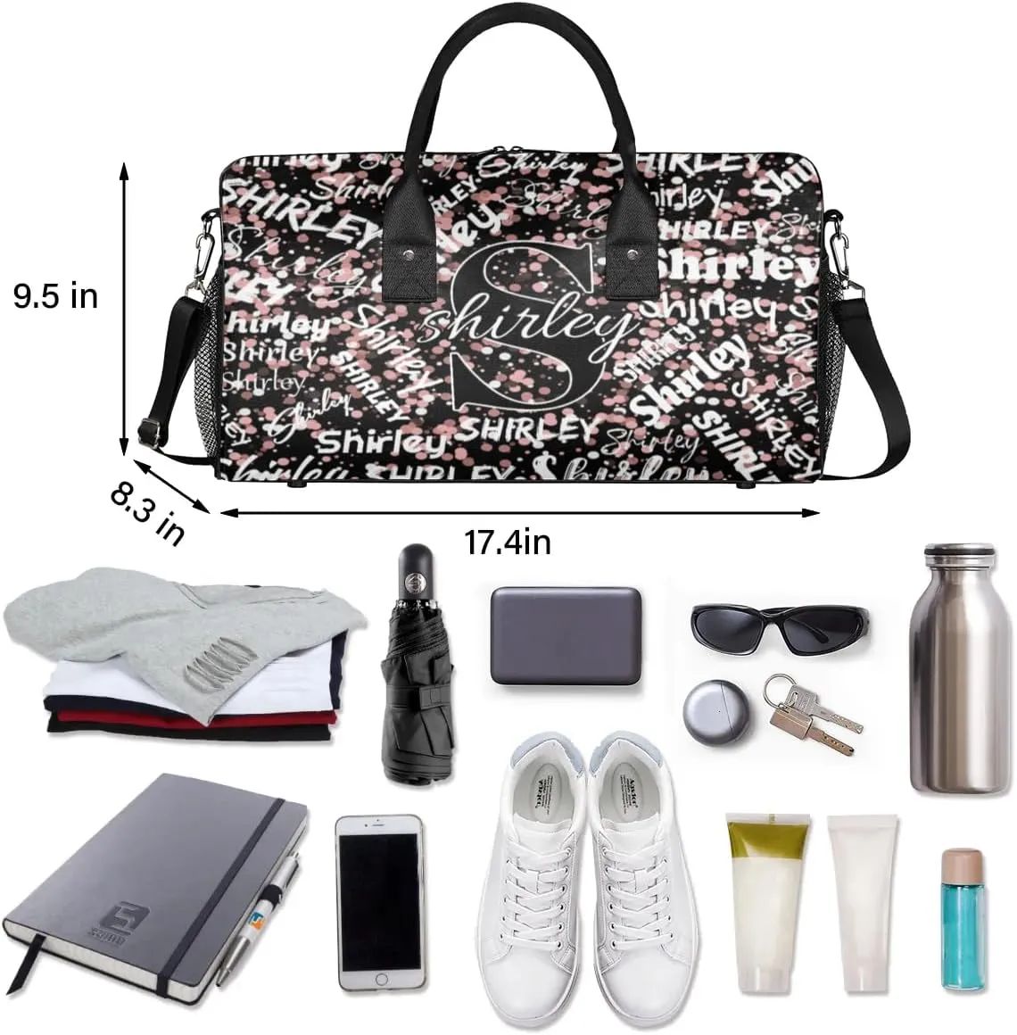 Custom Gym Bag Sports Bag, Personalized Name Duffel Bag Travel Weekender Bags Waterproof Overnight Carry on Bag with Name, Black Pinks Glitter