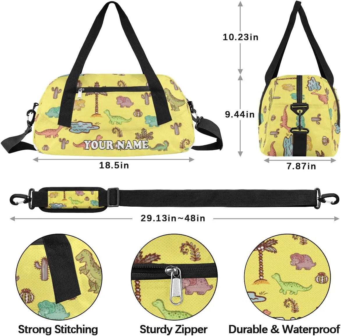 Custom Kids Duffel Overnight Bag Dinosaurs Personalized Kids Duffel Bag for Girls Boys Customized Kids Gifts - Dino Cactus Yellow