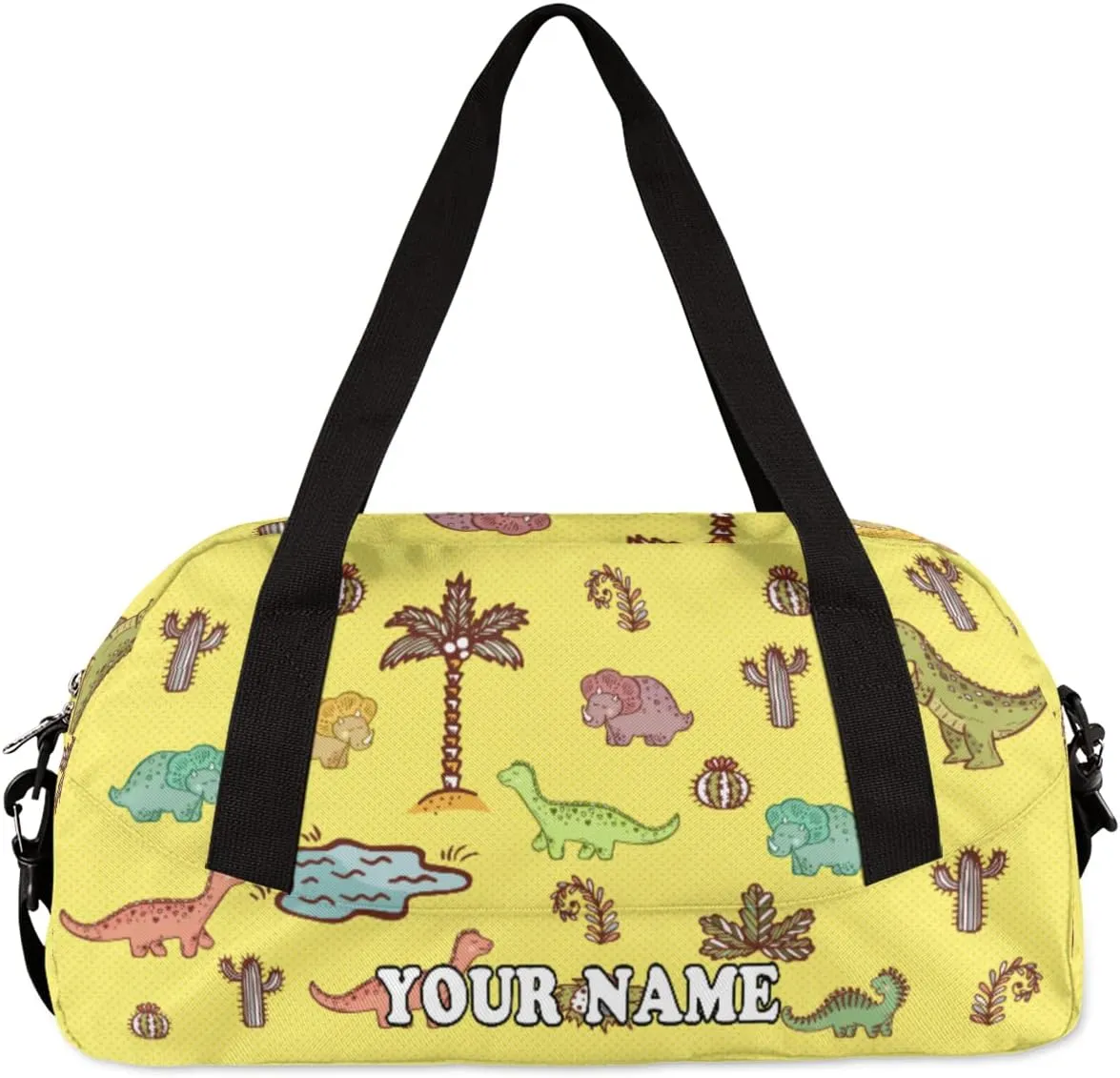 Custom Kids Duffel Overnight Bag Dinosaurs Personalized Kids Duffel Bag for Girls Boys Customized Kids Gifts - Dino Cactus Yellow