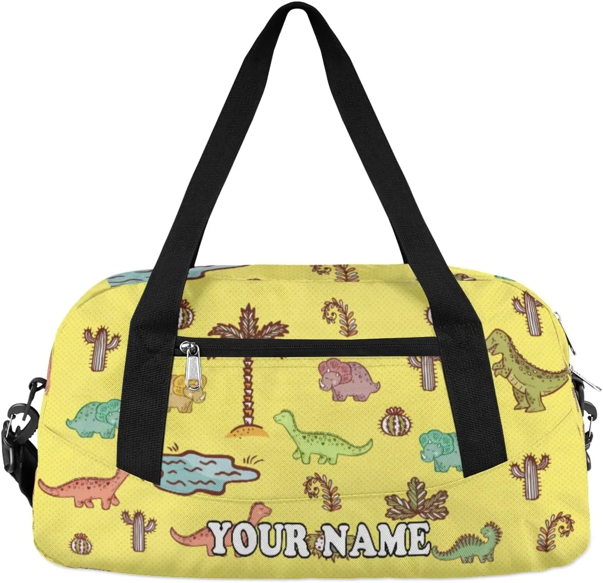 Custom Kids Duffel Overnight Bag Dinosaurs Personalized Kids Duffel Bag for Girls Boys Customized Kids Gifts - Dino Cactus Yellow