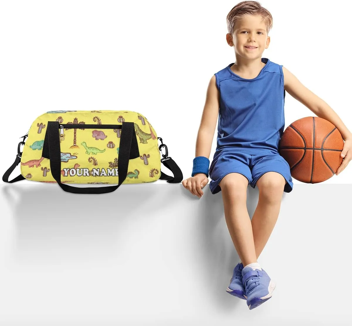 Custom Kids Duffel Overnight Bag Dinosaurs Personalized Kids Duffel Bag for Girls Boys Customized Kids Gifts - Dino Cactus Yellow