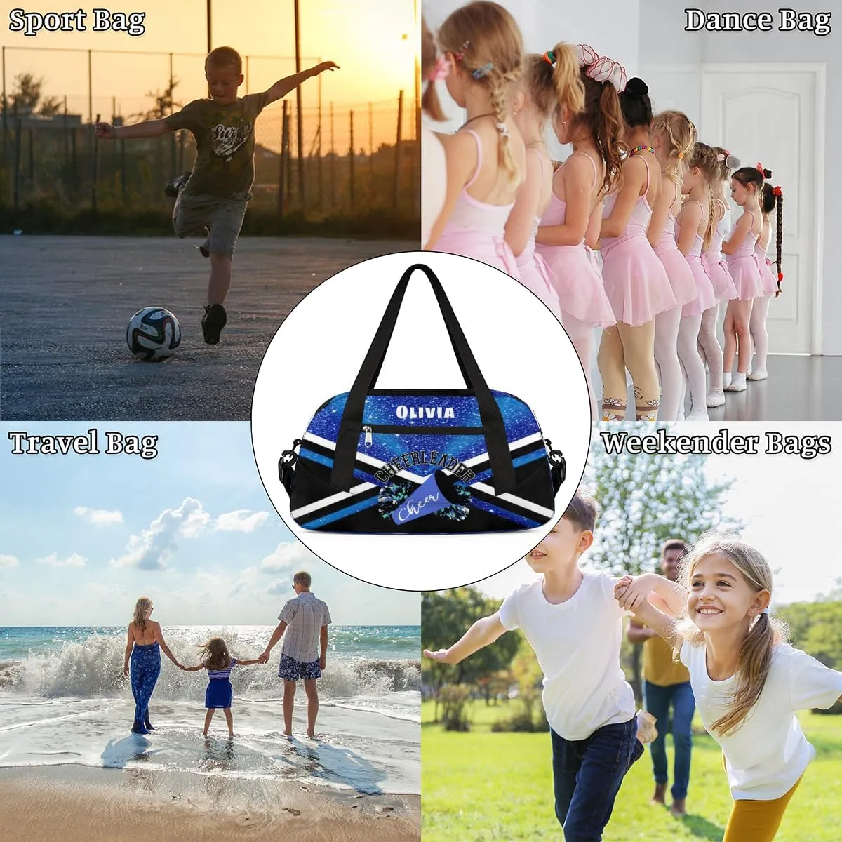 Custom Kids Duffel Overnight Bag Personalized Dance Bag Travel Duffel Bag for Girls Boys Customized Kids Gifts- Blue Cheerleader