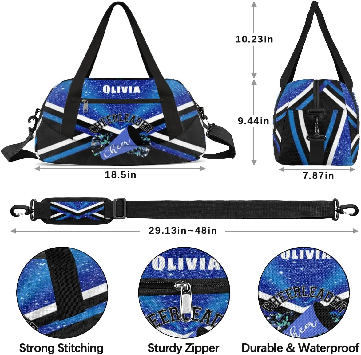 Custom Kids Duffel Overnight Bag Personalized Dance Bag Travel Duffel Bag for Girls Boys Customized Kids Gifts- Blue Cheerleader