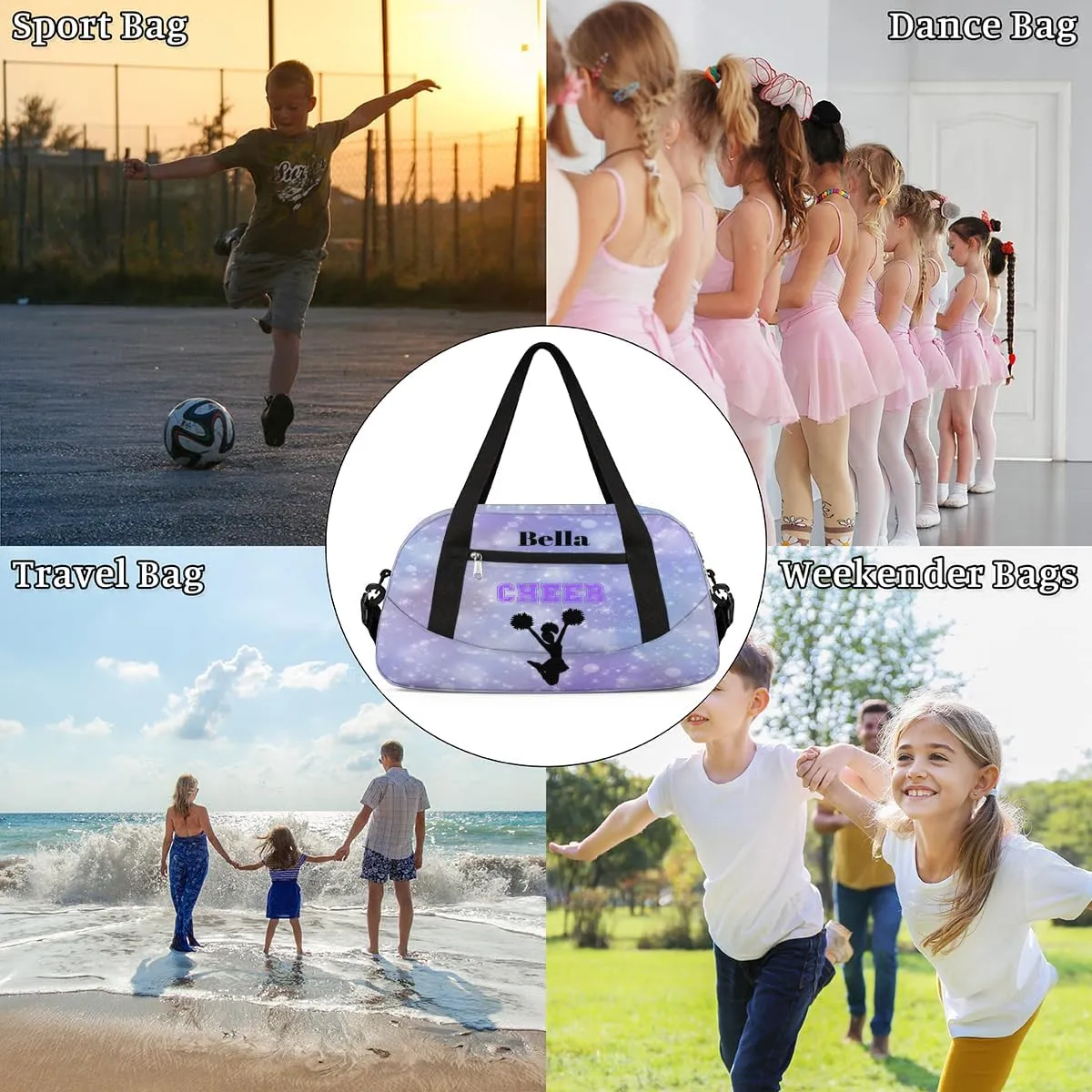 Custom Kids Duffel Overnight Bag Personalized Dance Bag Travel Duffel Bag for Girls Boys Customized Kids Gifts- Gymnast in Purple