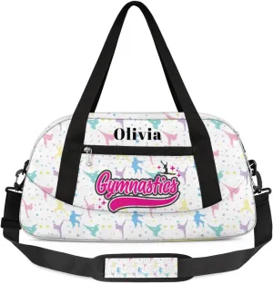 Custom Kids Duffel Overnight Bag Personalized Dance Bag Travel Duffel Bag for Girls Boys Customized Kids Gifts- Gymnast Stars Sparkles White