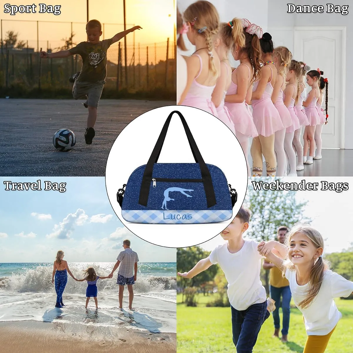 Custom Kids Duffel Overnight Bag Personalized Dance Bag Travel Duffel Bag for Girls Boys Customized Kids Gifts- Gymnastics Girl Light Blue