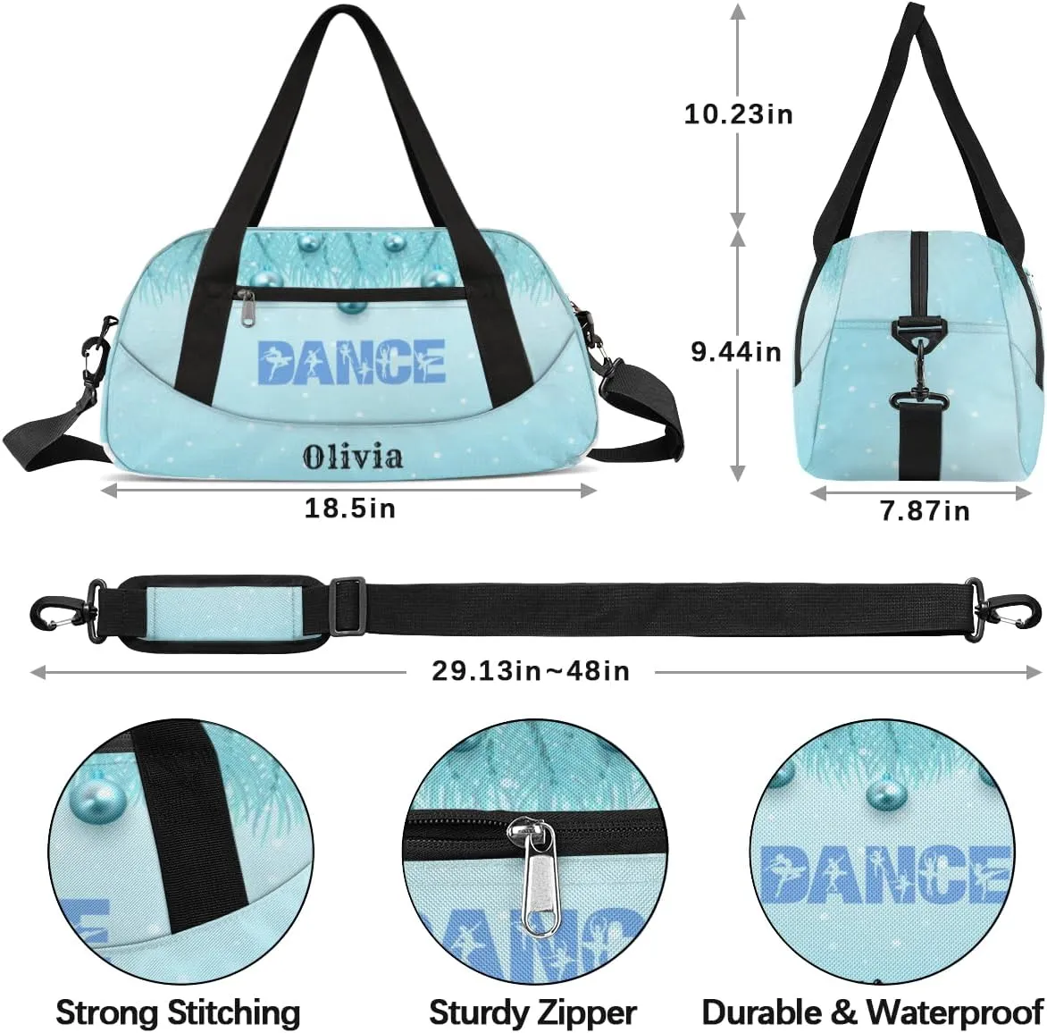Custom Kids Duffel Overnight Bag Personalized Dance Bag Travel Duffel Bag for Girls Boys Customized Kids Gifts- Lovely Pearl Blue Dance