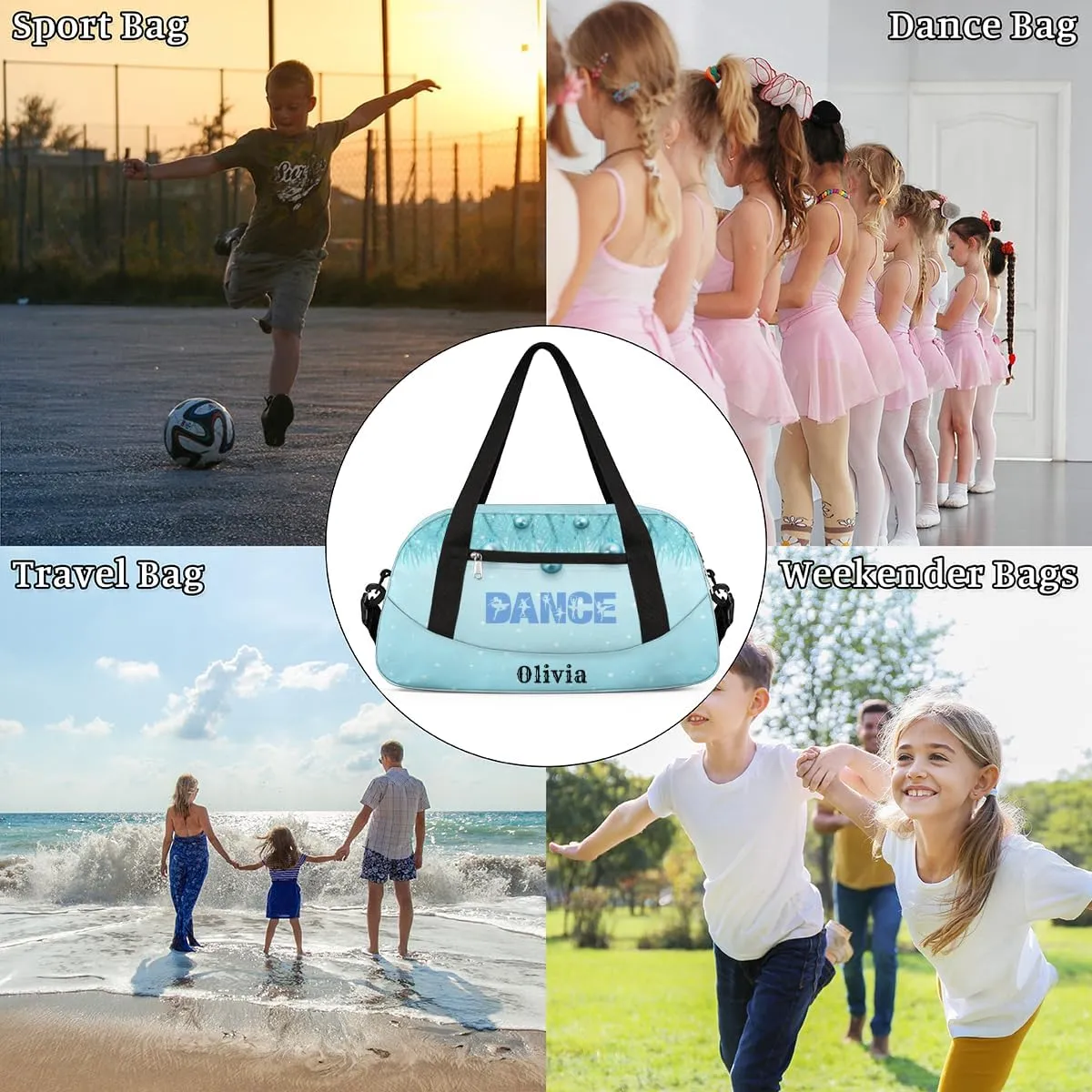 Custom Kids Duffel Overnight Bag Personalized Dance Bag Travel Duffel Bag for Girls Boys Customized Kids Gifts- Lovely Pearl Blue Dance