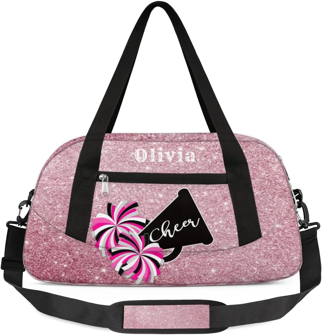 Custom Kids Duffel Overnight Bag Personalized Dance Bag Travel Duffel Bag for Girls Boys Customized Kids Gifts- Pink and Black Cheerleaders