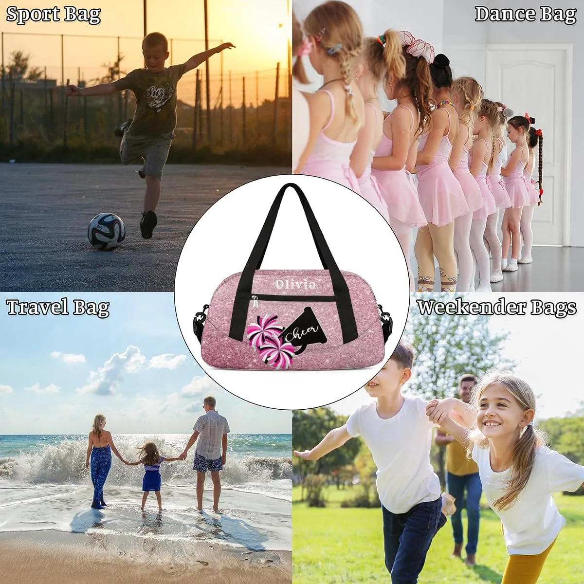Custom Kids Duffel Overnight Bag Personalized Dance Bag Travel Duffel Bag for Girls Boys Customized Kids Gifts- Pink and Black Cheerleaders
