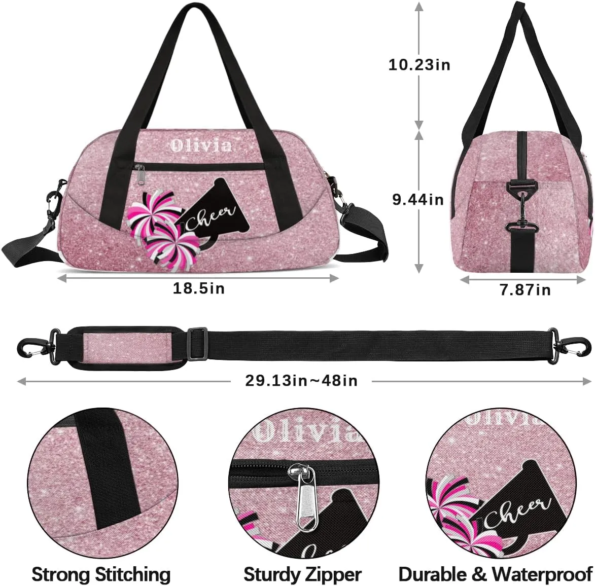 Custom Kids Duffel Overnight Bag Personalized Dance Bag Travel Duffel Bag for Girls Boys Customized Kids Gifts- Pink and Black Cheerleaders