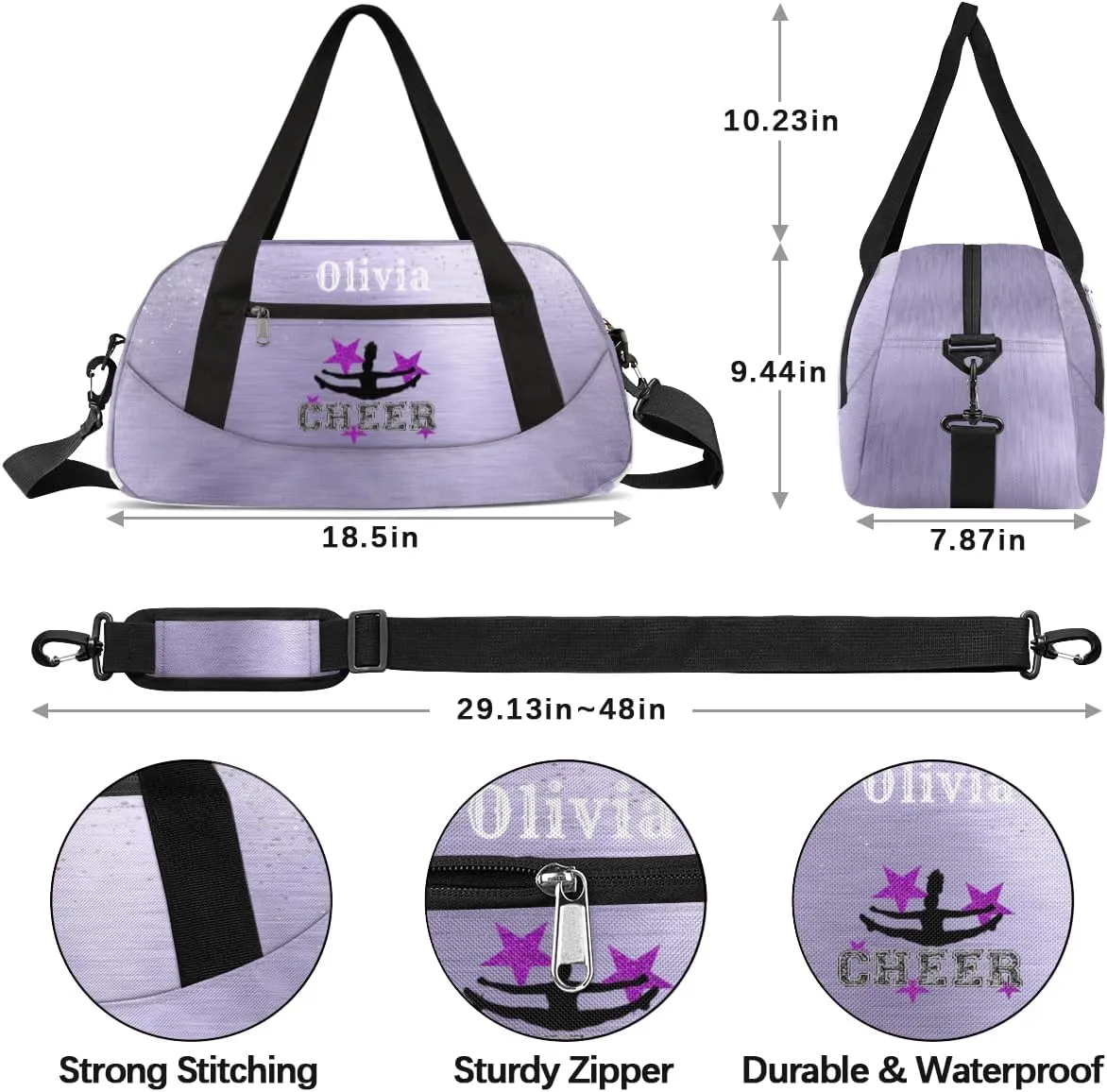 Custom Kids Duffel Overnight Bag Personalized Dance Bag Travel Duffel Bag for Girls Boys Customized Kids Gifts- Purple Star Cheerleader