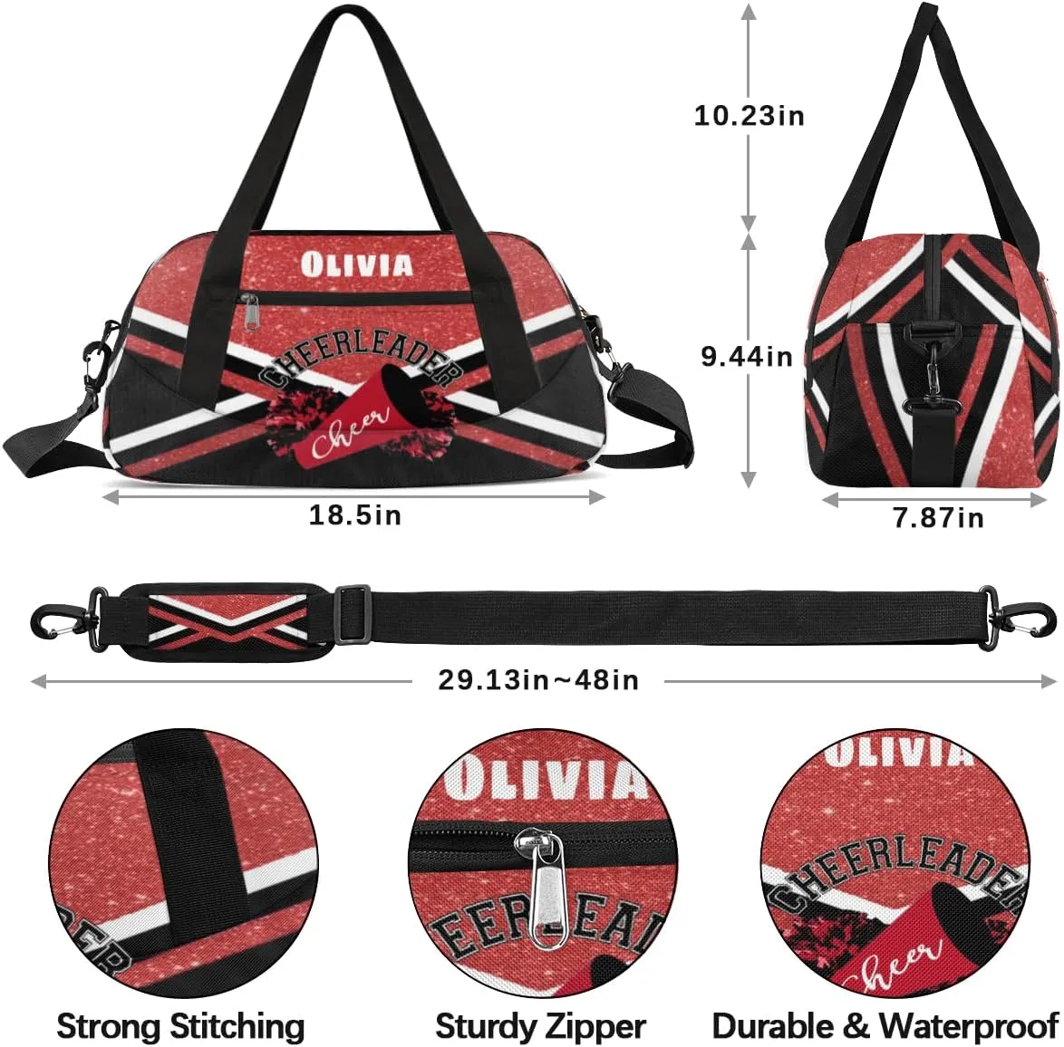 Custom Kids Duffel Overnight Bag Personalized Dance Bag Travel Duffel Bag for Girls Boys Customized Kids Gifts- Red Cheerleader