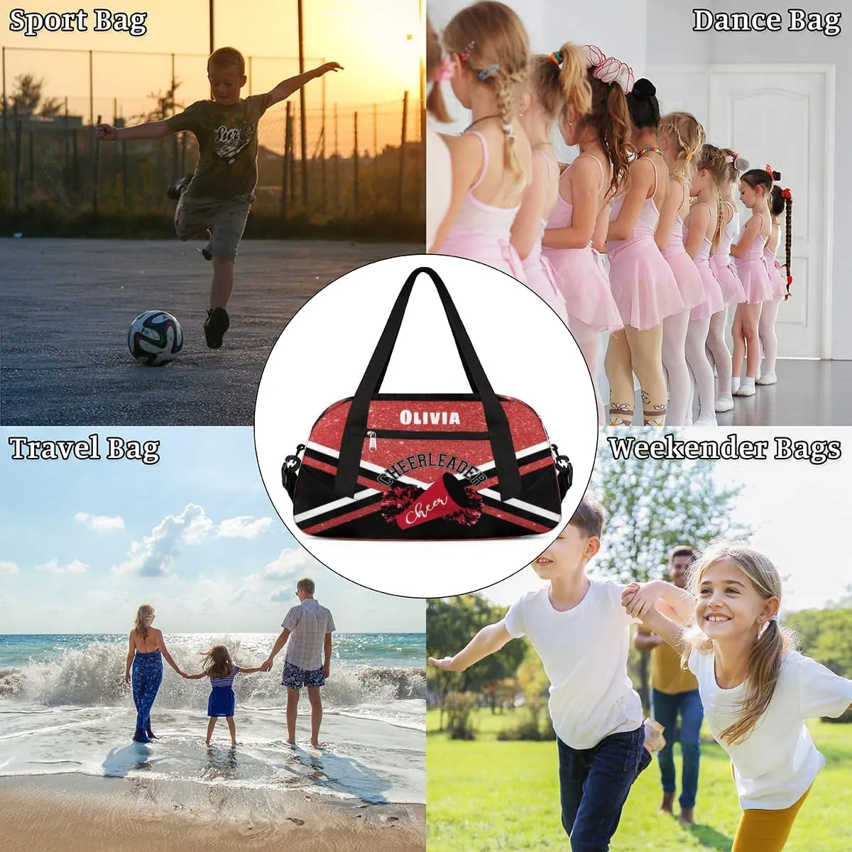 Custom Kids Duffel Overnight Bag Personalized Dance Bag Travel Duffel Bag for Girls Boys Customized Kids Gifts- Red Cheerleader