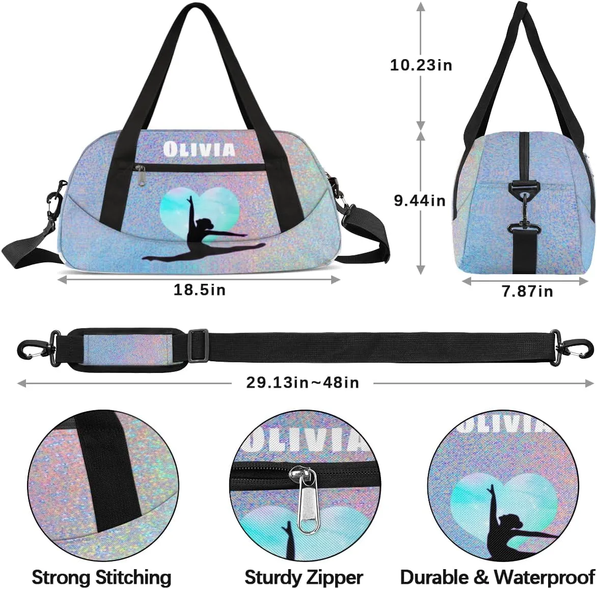 Custom Kids Duffel Overnight Bag Personalized Dance Bag Travel Duffel Bag for Girls Boys Customized Kids Gifts- Silver heart Gymnastics