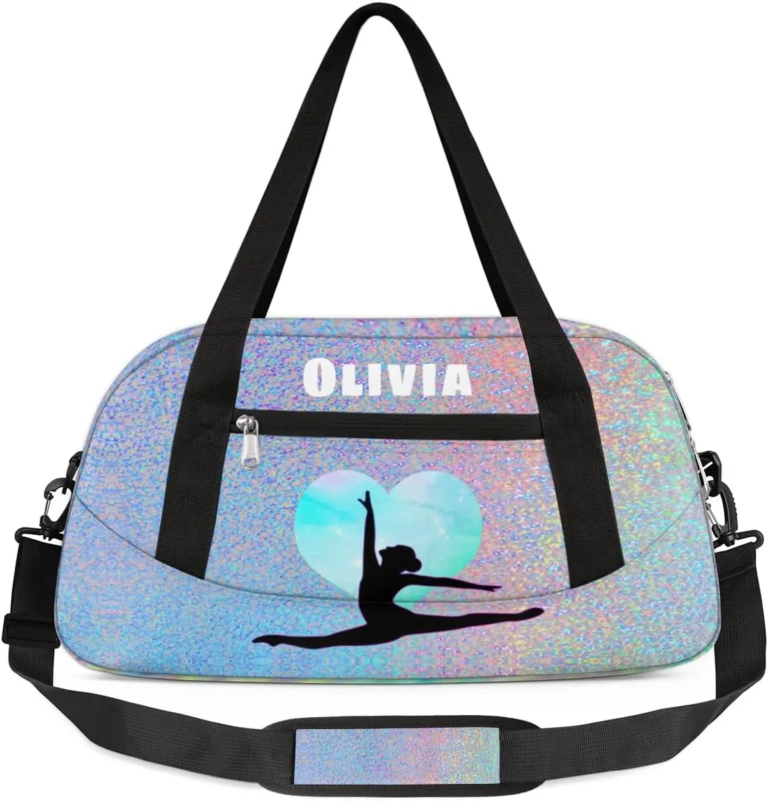 Custom Kids Duffel Overnight Bag Personalized Dance Bag Travel Duffel Bag for Girls Boys Customized Kids Gifts- Silver heart Gymnastics