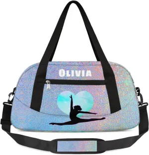 Custom Kids Duffel Overnight Bag Personalized Dance Bag Travel Duffel Bag for Girls Boys Customized Kids Gifts- Silver heart Gymnastics
