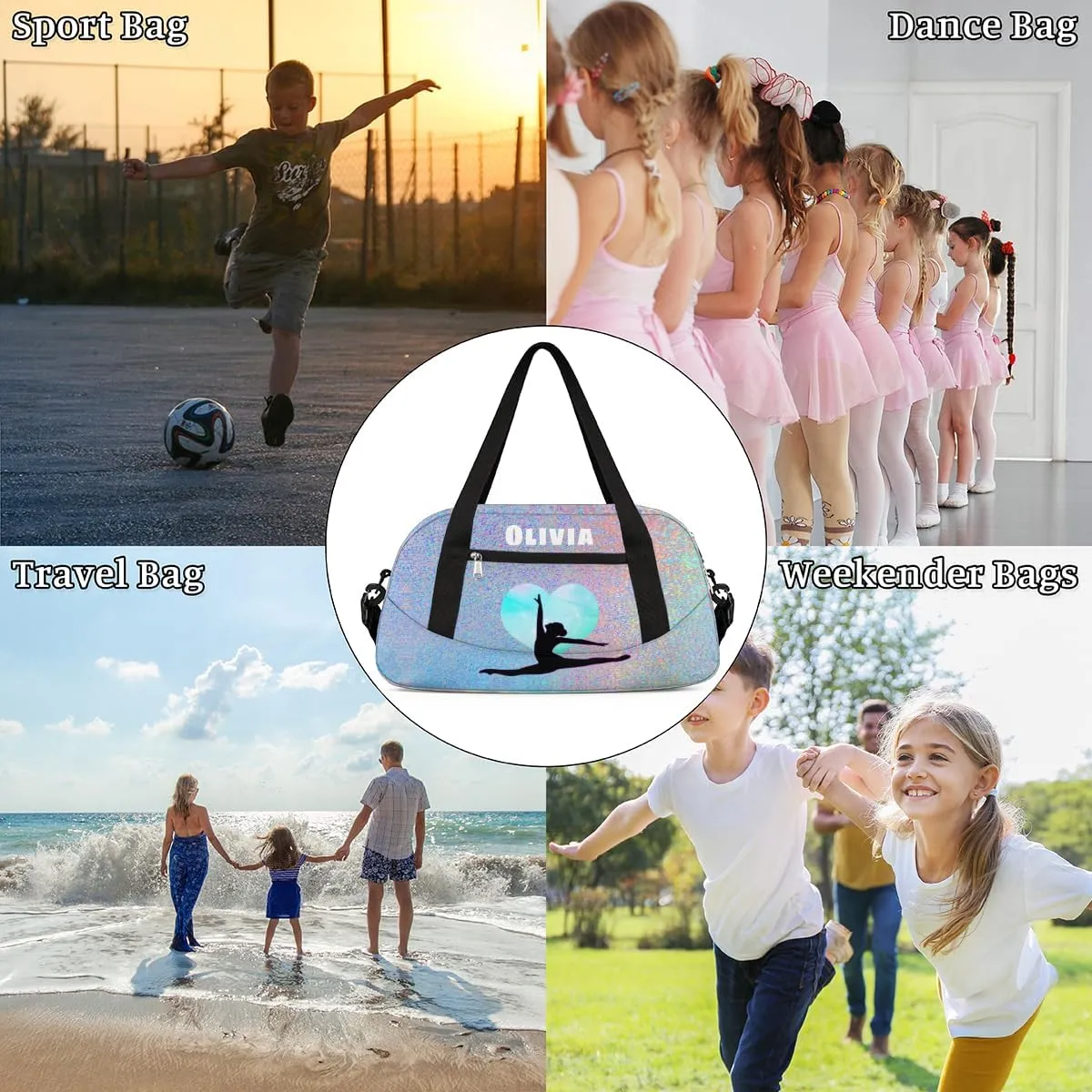 Custom Kids Duffel Overnight Bag Personalized Dance Bag Travel Duffel Bag for Girls Boys Customized Kids Gifts- Silver heart Gymnastics