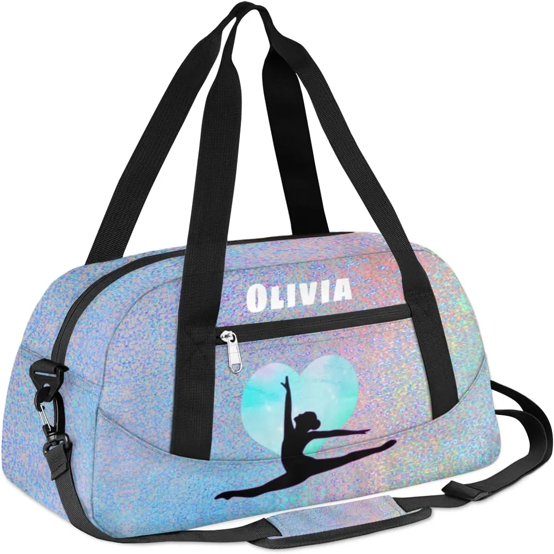 Custom Kids Duffel Overnight Bag Personalized Dance Bag Travel Duffel Bag for Girls Boys Customized Kids Gifts- Silver heart Gymnastics