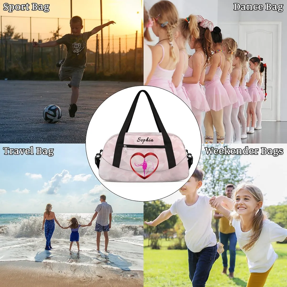 Custom Kids Duffel Overnight Bag Personalized Dance Bag Travel Duffel Bag for Girls Boys Customized Kids Gifts- White - Gymnast Pink