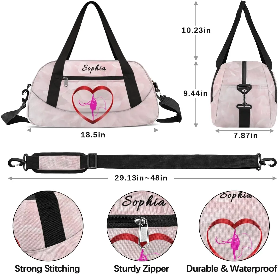 Custom Kids Duffel Overnight Bag Personalized Dance Bag Travel Duffel Bag for Girls Boys Customized Kids Gifts- White - Gymnast Pink