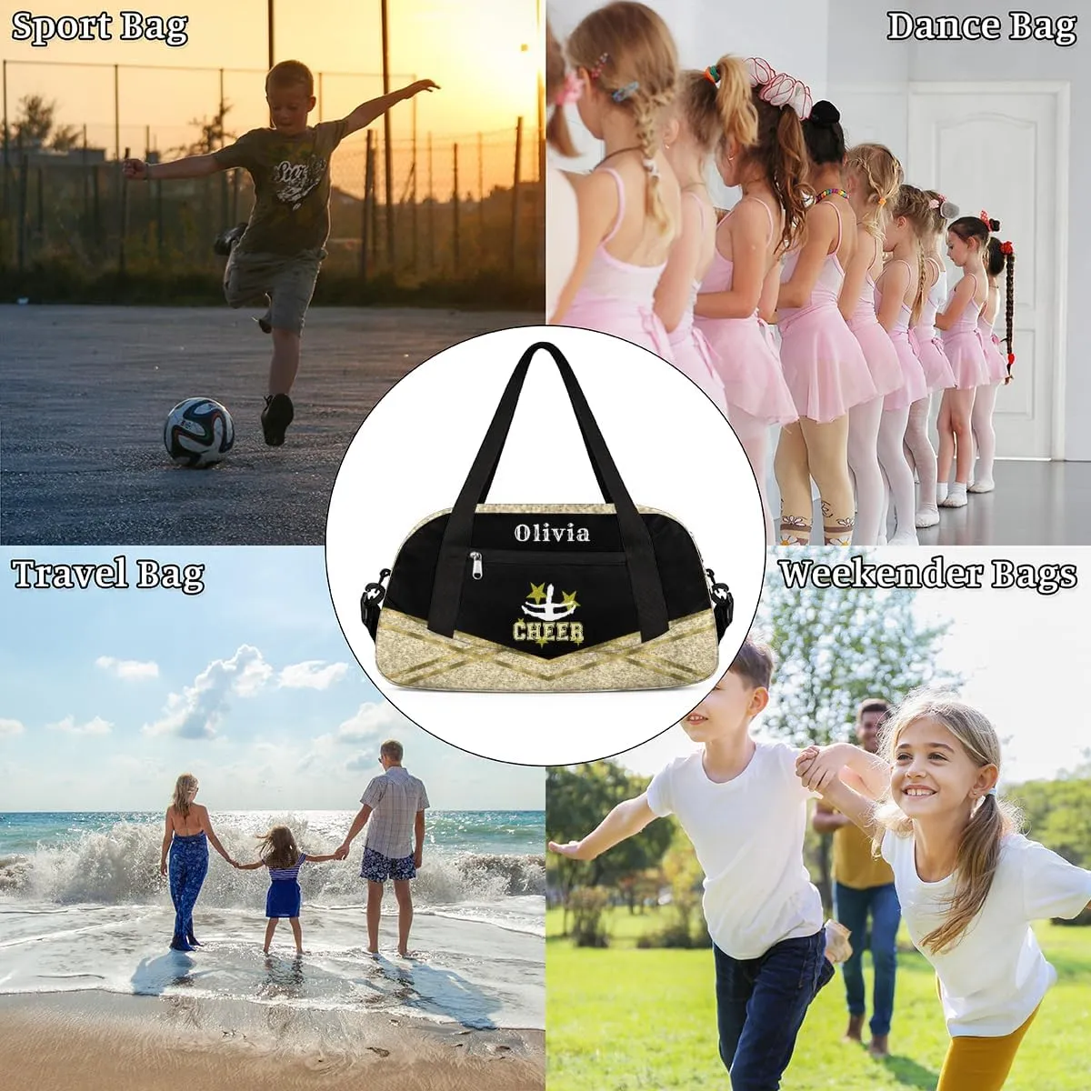 Custom Kids Duffel Overnight Bag Personalized Dance Bag Travel Duffel Bag for Girls Boys Customized Kids Gifts-Yellow Cheerleader gymnast