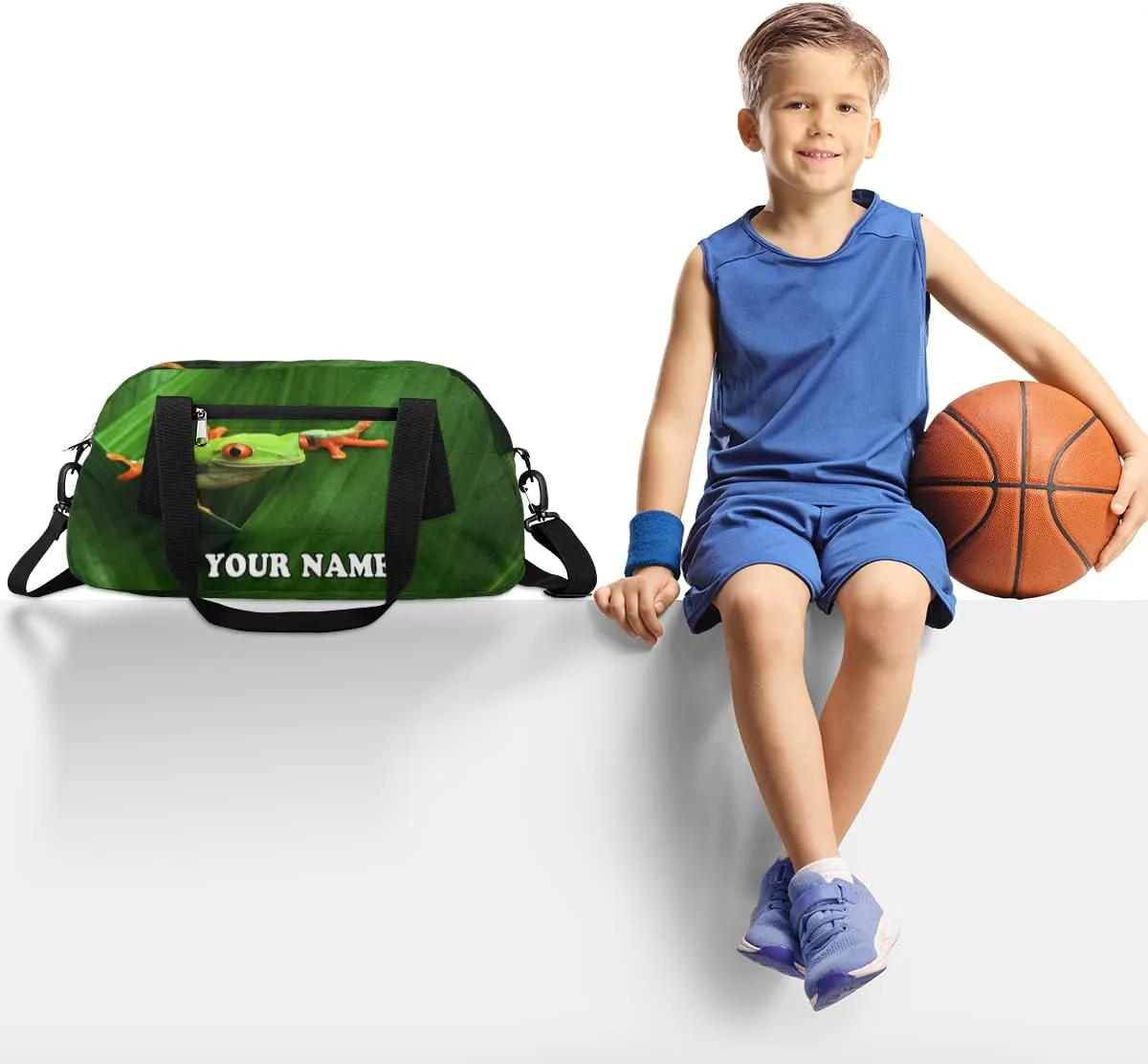 Custom Kids Duffel Overnight Bag Red Eyed Frog Personalized Kids Duffel Bag for Girls Boys Customized Kids Gifts - Tree Frog Jungle Leaf