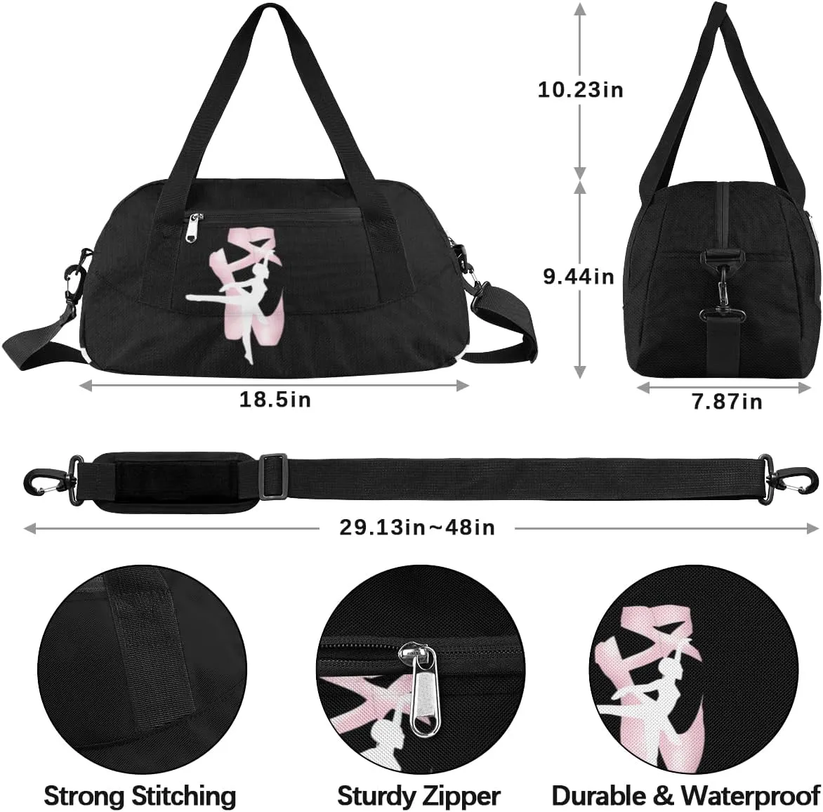 Custom Kids Duffel Overnight Dance Bag for Girls Personalized Dance Duffle Bag for Women Girls- Black