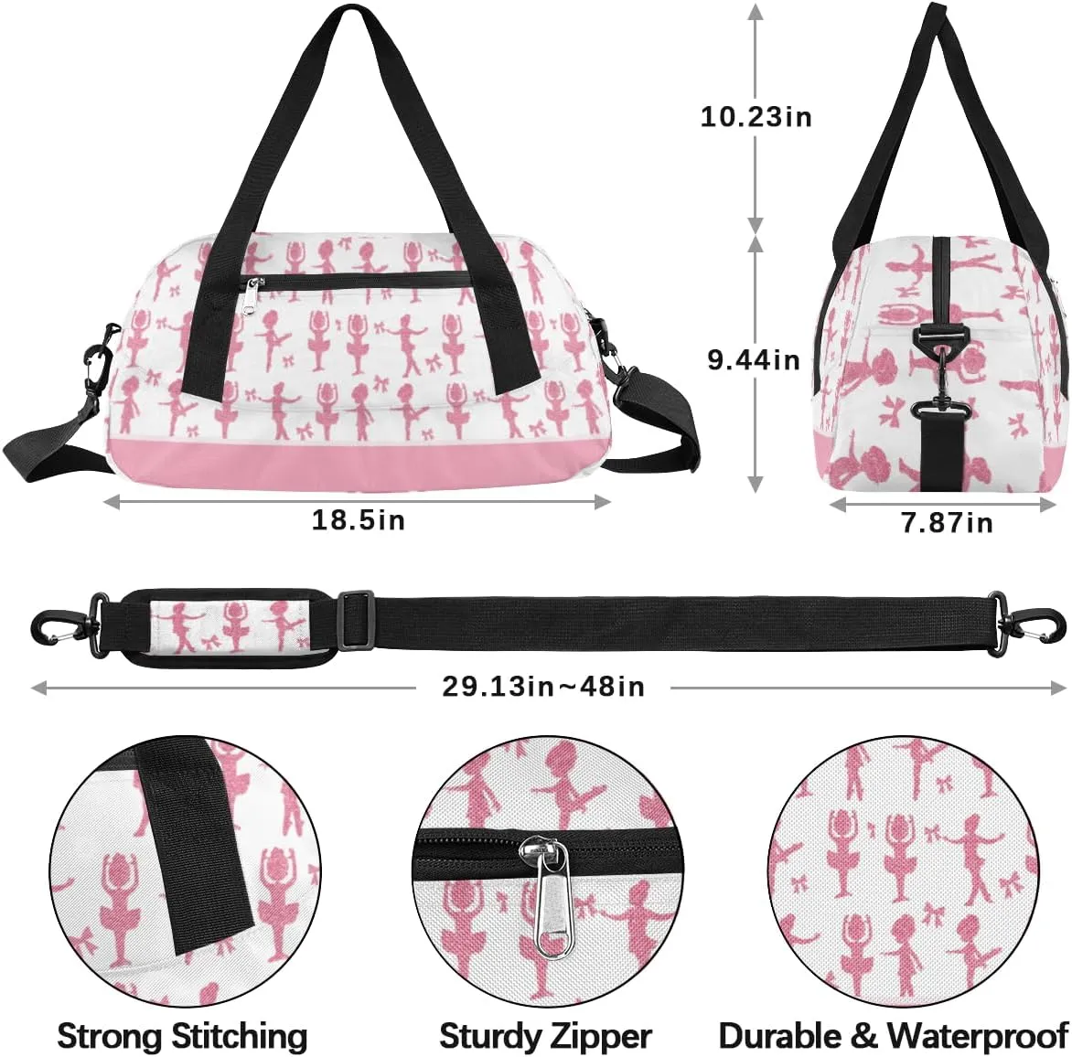 Custom Kids Duffel Overnight Dance Bag for Girls Personalized Dance Duffle Bag for Women Girls- Pink Silhouettes