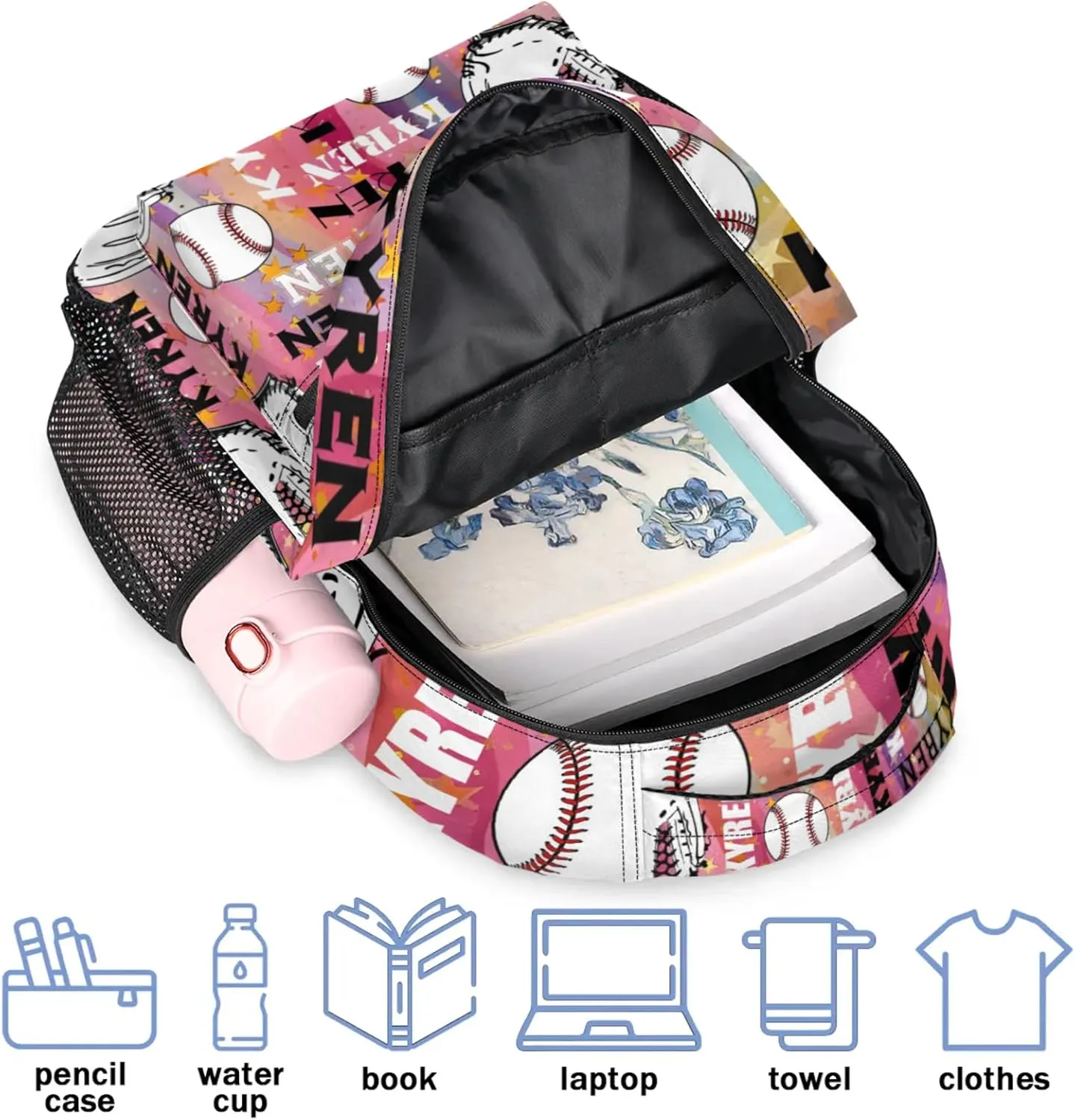 Custom Name Baseball Backpack for Men Women, Personalized Laptop Backpack with Name, Sports Bag Lightweight Daypack for Travel Camping, Abstract Striped