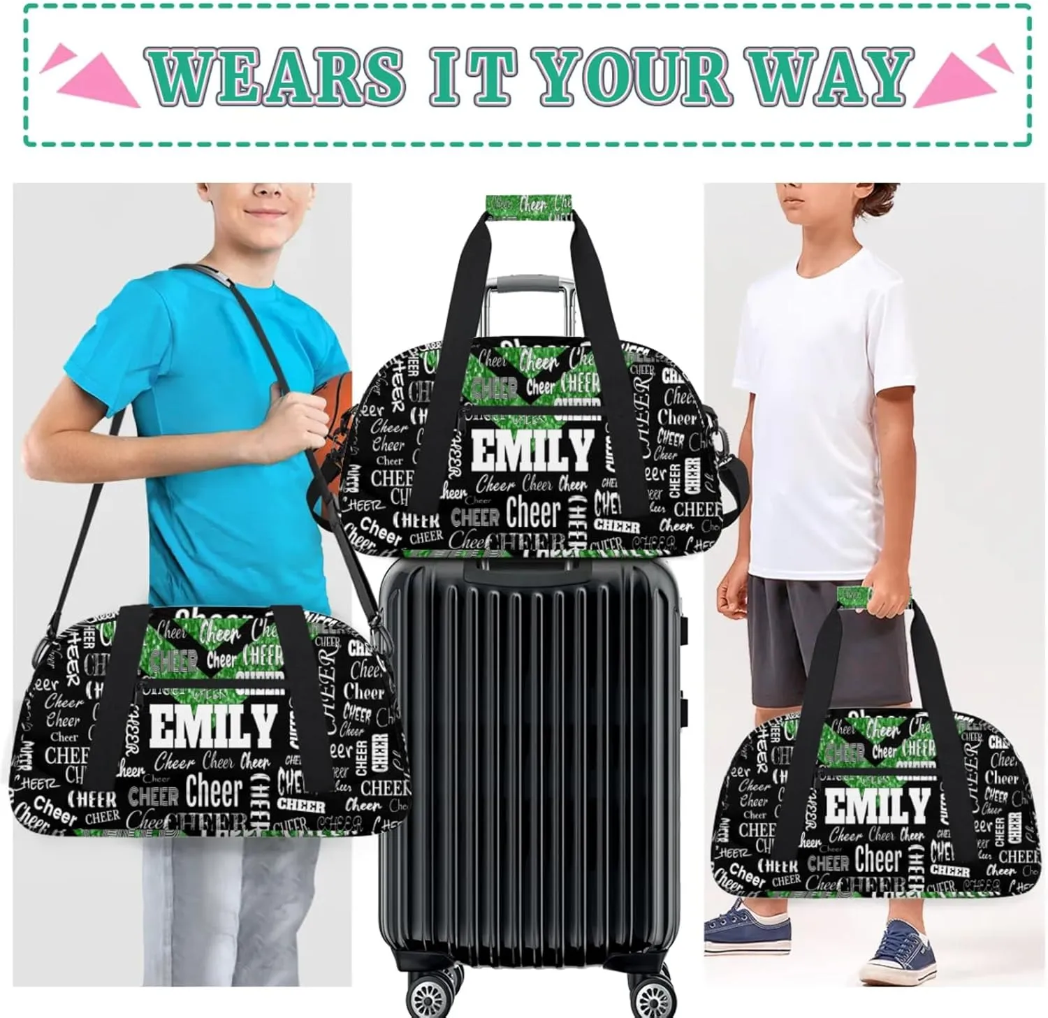 Custom Name Dance Cheer Bag Sport Gym Duffel Bag, Personalized Cheerleading Bag Customized Travel Duffle Bag, Green Glittering with Black