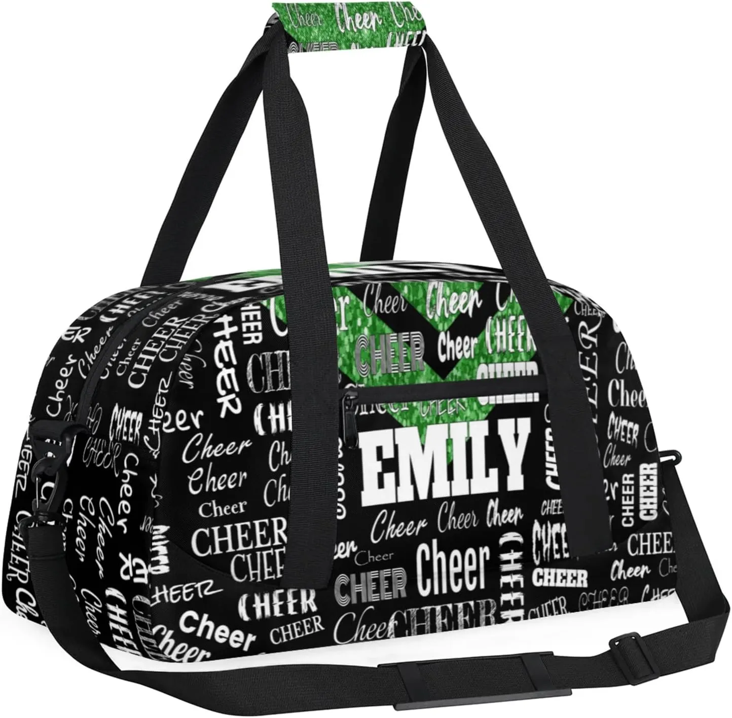 Custom Name Dance Cheer Bag Sport Gym Duffel Bag, Personalized Cheerleading Bag Customized Travel Duffle Bag, Green Glittering with Black