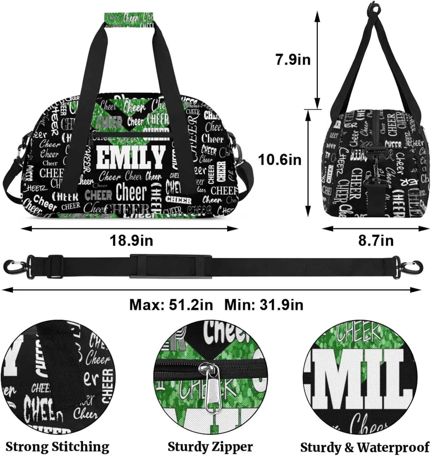 Custom Name Dance Cheer Bag Sport Gym Duffel Bag, Personalized Cheerleading Bag Customized Travel Duffle Bag, Green Glittering with Black