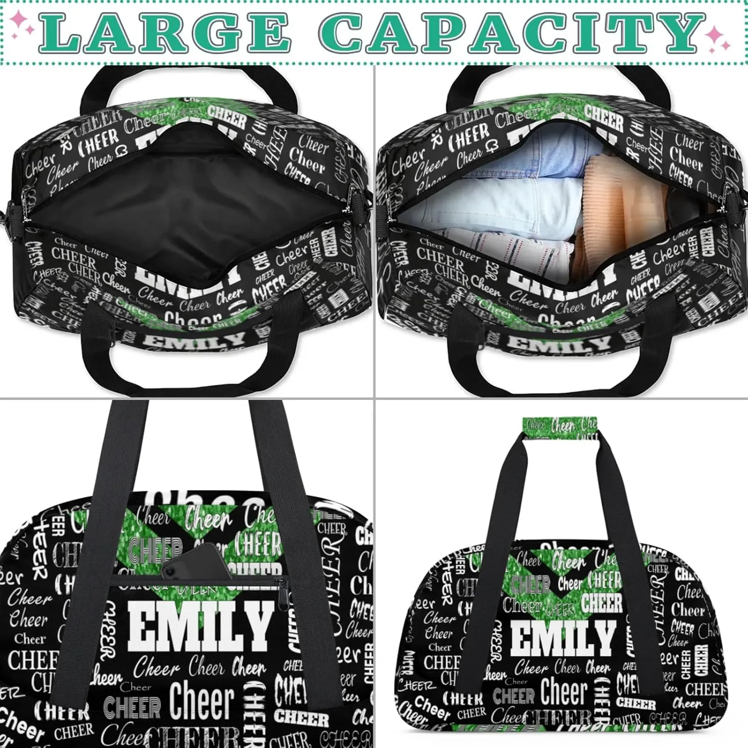 Custom Name Dance Cheer Bag Sport Gym Duffel Bag, Personalized Cheerleading Bag Customized Travel Duffle Bag, Green Glittering with Black