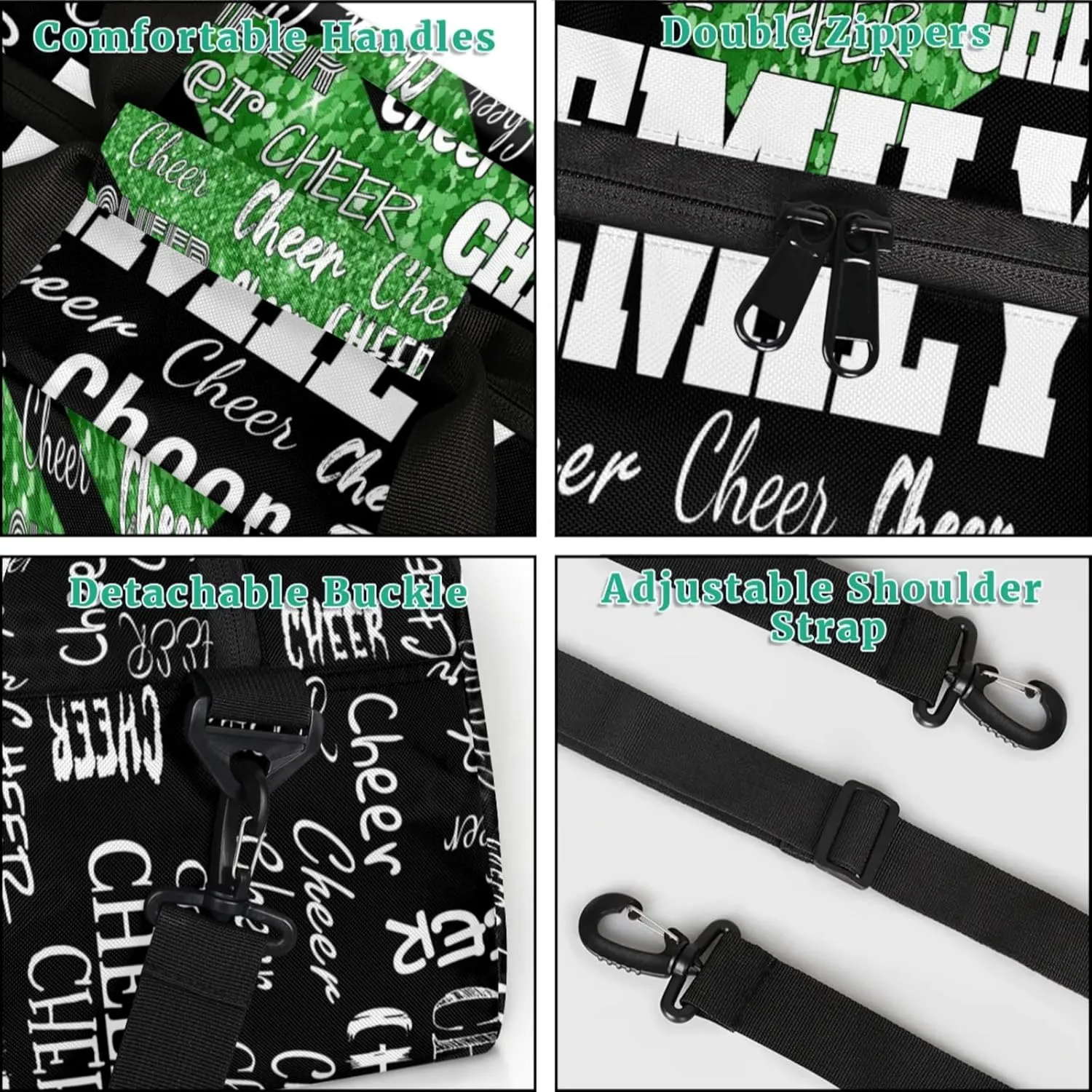 Custom Name Dance Cheer Bag Sport Gym Duffel Bag, Personalized Cheerleading Bag Customized Travel Duffle Bag, Green Glittering with Black