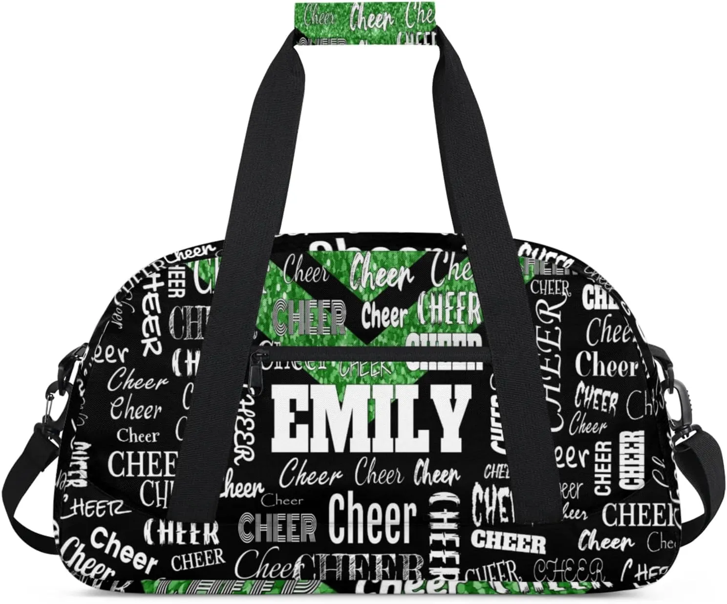 Custom Name Dance Cheer Bag Sport Gym Duffel Bag, Personalized Cheerleading Bag Customized Travel Duffle Bag, Green Glittering with Black