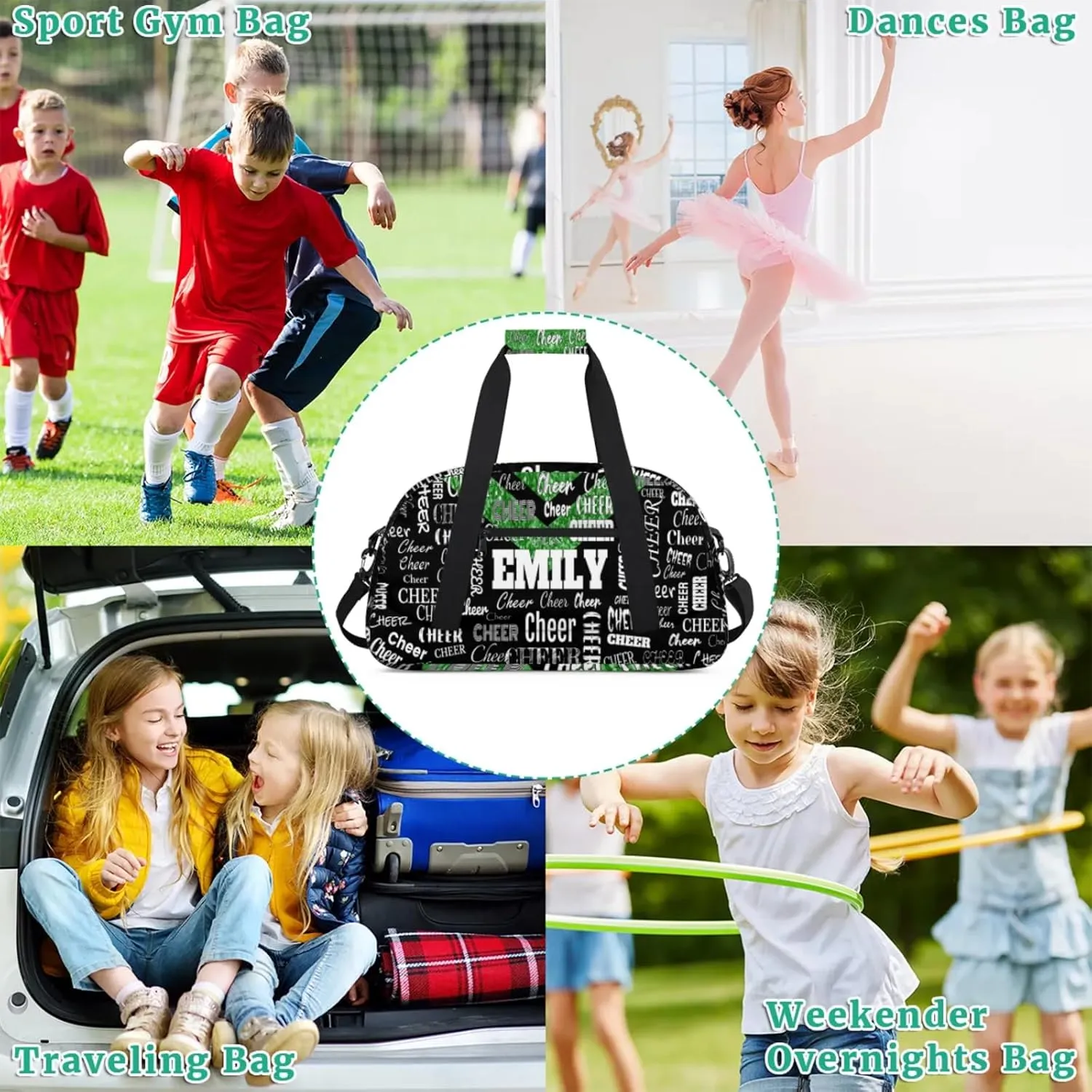 Custom Name Dance Cheer Bag Sport Gym Duffel Bag, Personalized Cheerleading Bag Customized Travel Duffle Bag, Green Glittering with Black