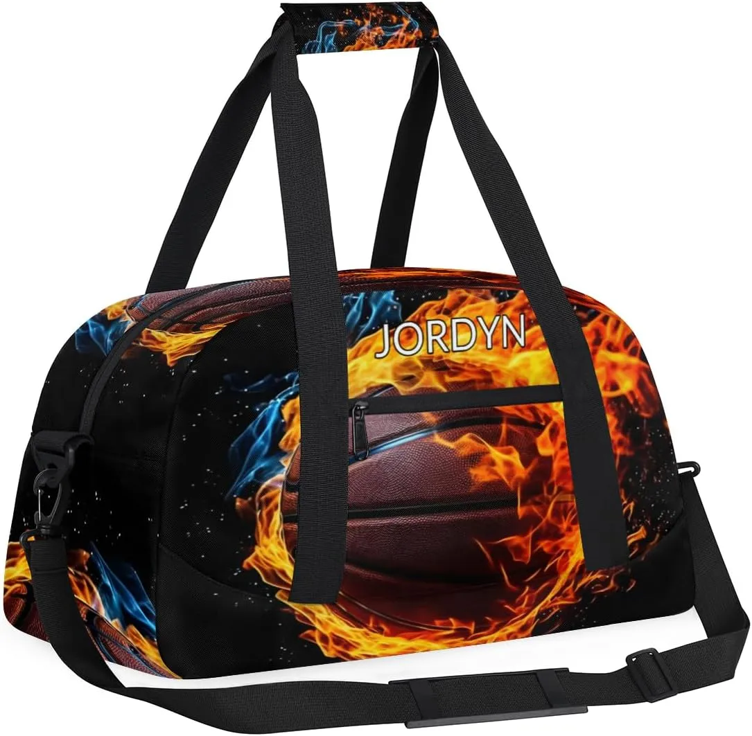 Custom Name Sports Ball Duffel Bag Boys, Personalized Sportsman Training Bag Travel Weekender Tote Carry-On Fitness Workout Bag, Cool Basketball with Fire Black