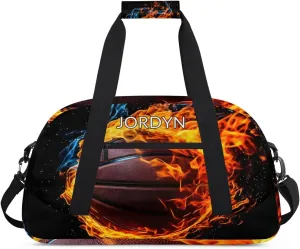 Custom Name Sports Ball Duffel Bag Boys, Personalized Sportsman Training Bag Travel Weekender Tote Carry-On Fitness Workout Bag, Cool Basketball with Fire Black