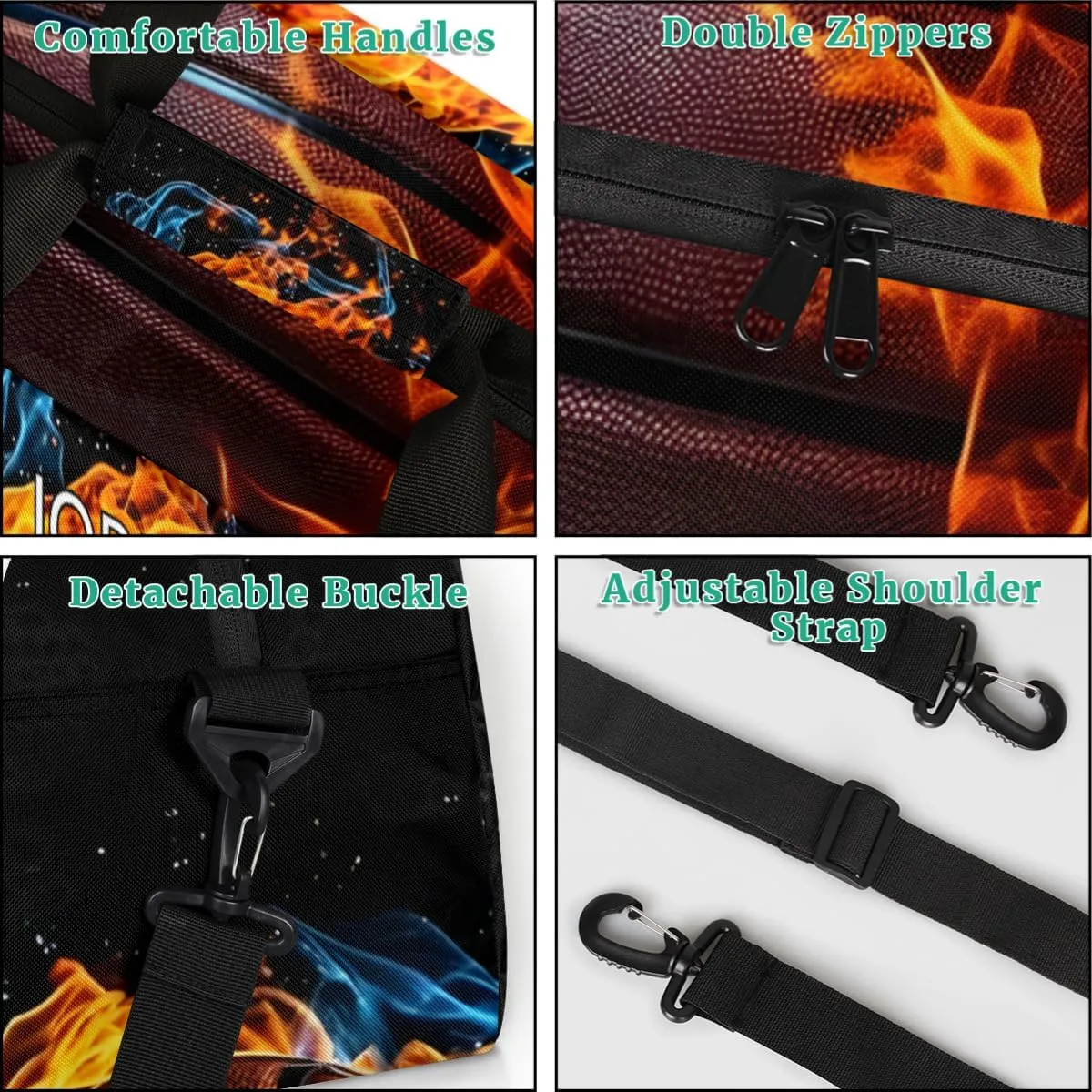 Custom Name Sports Ball Duffel Bag Boys, Personalized Sportsman Training Bag Travel Weekender Tote Carry-On Fitness Workout Bag, Cool Basketball with Fire Black