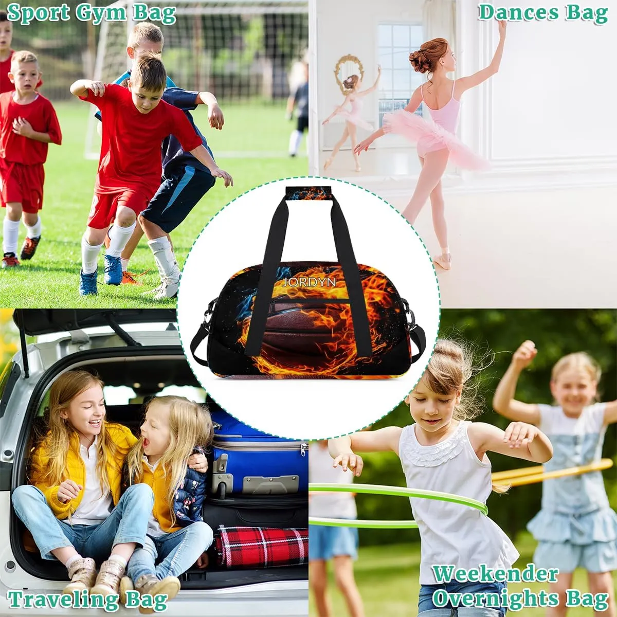 Custom Name Sports Ball Duffel Bag Boys, Personalized Sportsman Training Bag Travel Weekender Tote Carry-On Fitness Workout Bag, Cool Basketball with Fire Black