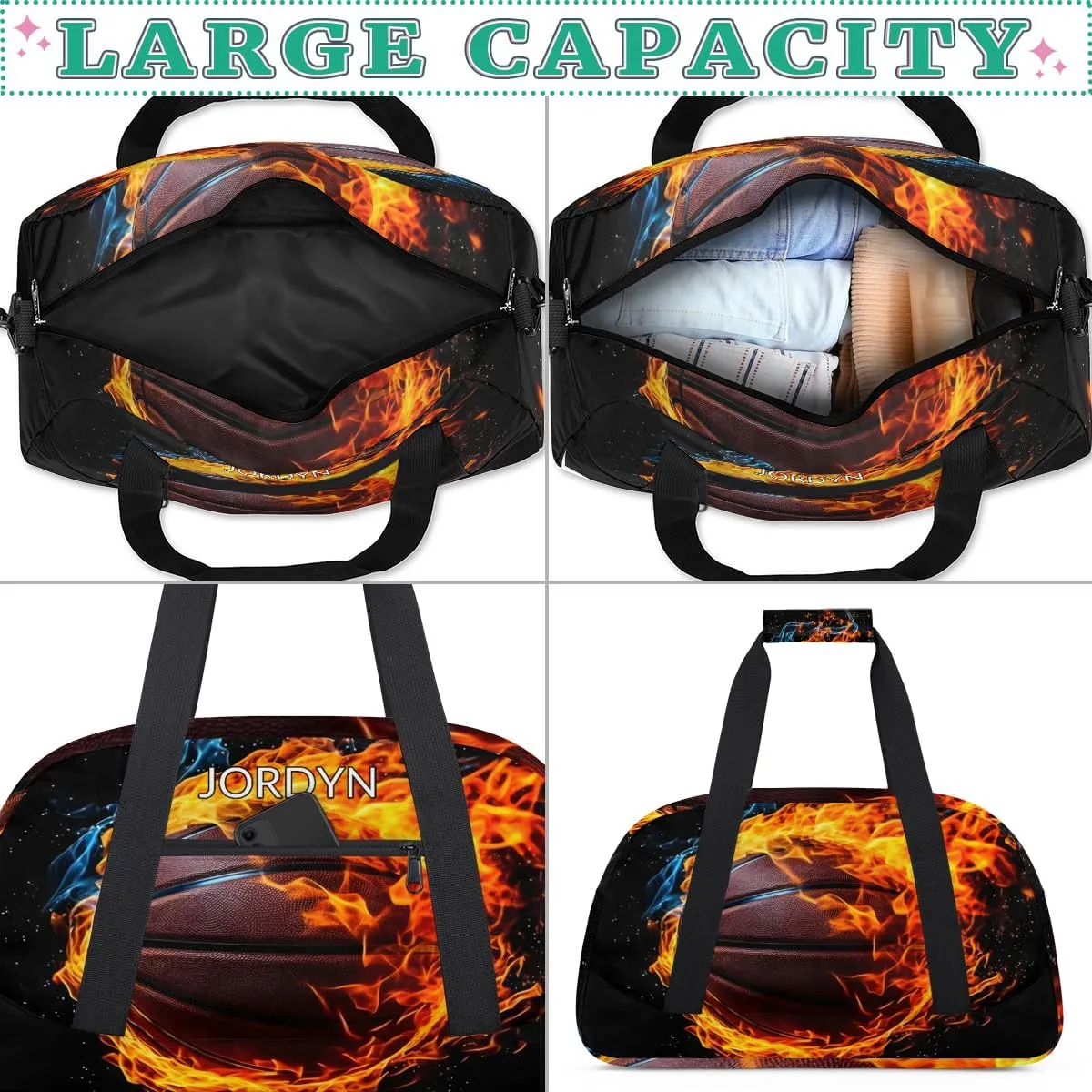 Custom Name Sports Ball Duffel Bag Boys, Personalized Sportsman Training Bag Travel Weekender Tote Carry-On Fitness Workout Bag, Cool Basketball with Fire Black