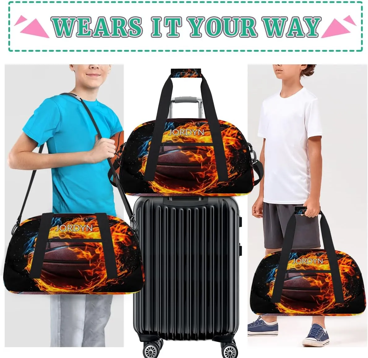 Custom Name Sports Ball Duffel Bag Boys, Personalized Sportsman Training Bag Travel Weekender Tote Carry-On Fitness Workout Bag, Cool Basketball with Fire Black