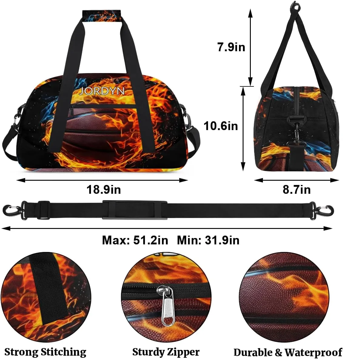 Custom Name Sports Ball Duffel Bag Boys, Personalized Sportsman Training Bag Travel Weekender Tote Carry-On Fitness Workout Bag, Cool Basketball with Fire Black
