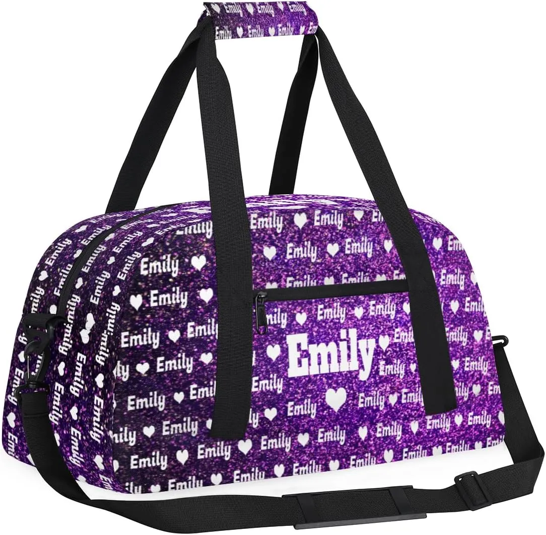 Custom Name Sports Duffel Bag for Kids Boys Girls, Personalized Gym Sport Duffel Cheerleading Bag Travel Weekender Tote Carry-On Bag, Love Heart, Deep Purple Bling Glitters
