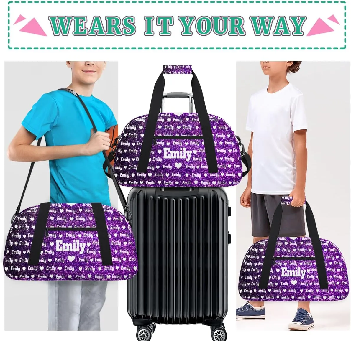Custom Name Sports Duffel Bag for Kids Boys Girls, Personalized Gym Sport Duffel Cheerleading Bag Travel Weekender Tote Carry-On Bag, Love Heart, Deep Purple Bling Glitters