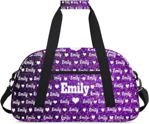 Custom Name Sports Duffel Bag for Kids Boys Girls, Personalized Gym Sport Duffel Cheerleading Bag Travel Weekender Tote Carry-On Bag, Love Heart, Deep Purple Bling Glitters