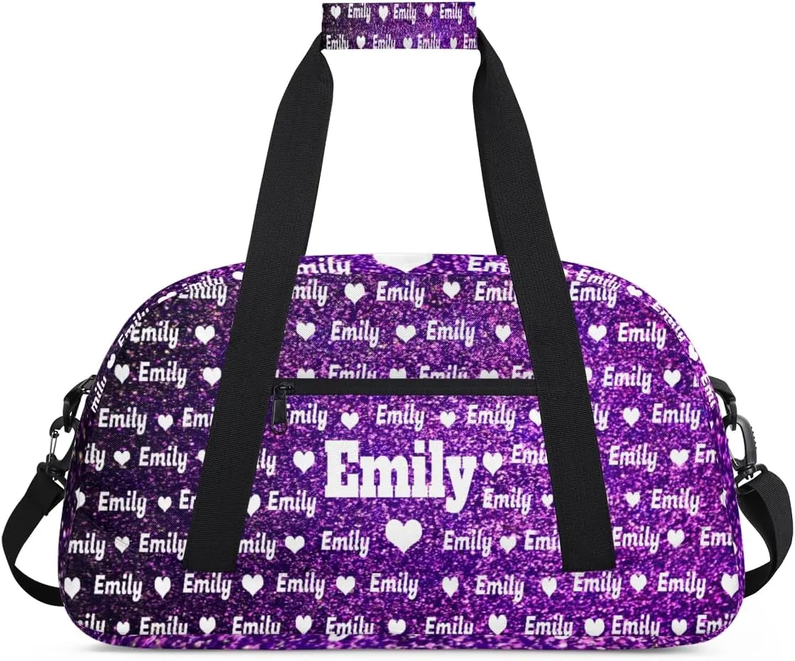 Custom Name Sports Duffel Bag for Kids Boys Girls, Personalized Gym Sport Duffel Cheerleading Bag Travel Weekender Tote Carry-On Bag, Love Heart, Deep Purple Bling Glitters