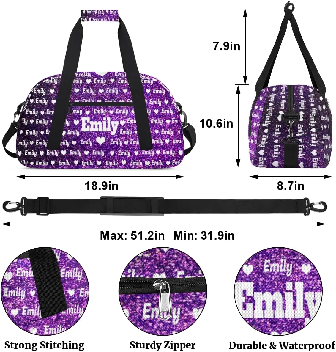Custom Name Sports Duffel Bag for Kids Boys Girls, Personalized Gym Sport Duffel Cheerleading Bag Travel Weekender Tote Carry-On Bag, Love Heart, Deep Purple Bling Glitters