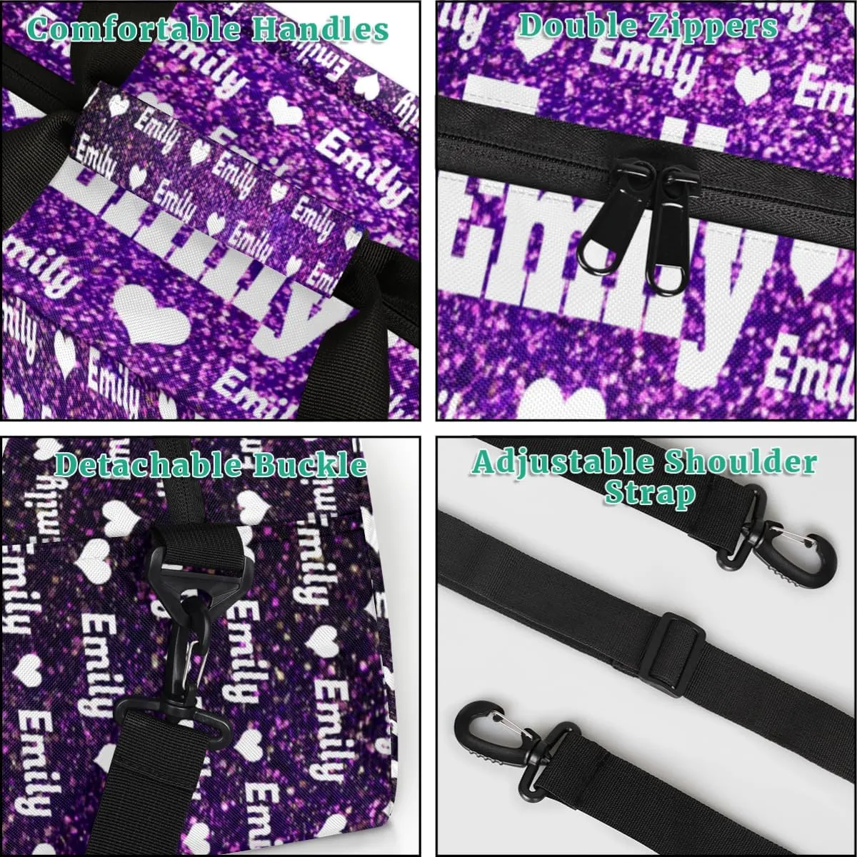 Custom Name Sports Duffel Bag for Kids Boys Girls, Personalized Gym Sport Duffel Cheerleading Bag Travel Weekender Tote Carry-On Bag, Love Heart, Deep Purple Bling Glitters